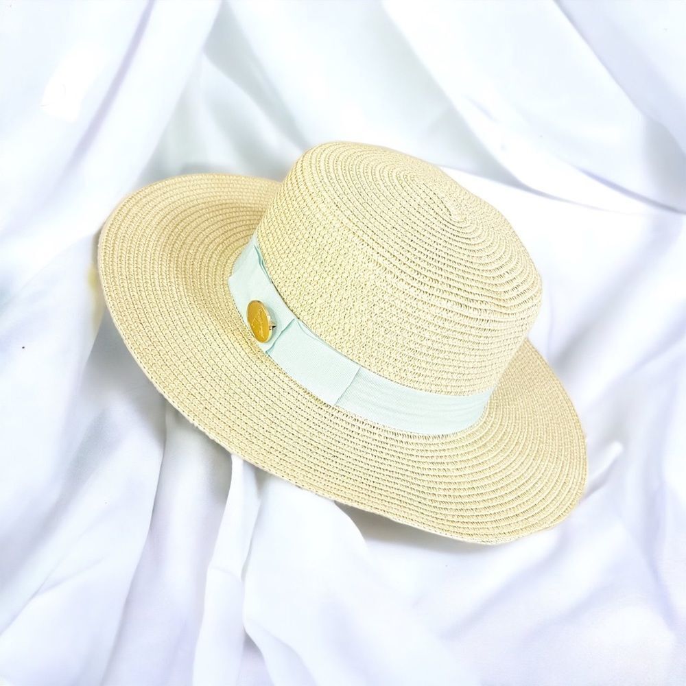 Woven Boater Hat with Baby Blue Grosgrain Ribbon